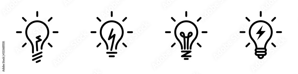 Conjunto de iconos de bombilla. Concepto de iluminación. Focos de luz de diferentes estilos. Ilustración vectorial