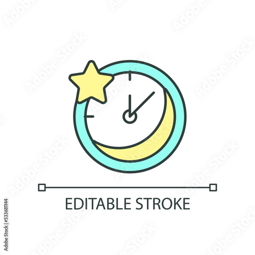 Nighttime RGB color icon. Sleeping time. Bedtime hours. Rest at night. Alarm clock. Timepiece. Isolated vector illustration. Simple filled line drawing. Editable stroke. Arial font used