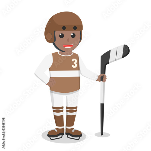 Hockey Player african holding stick hockey design character on white background photo