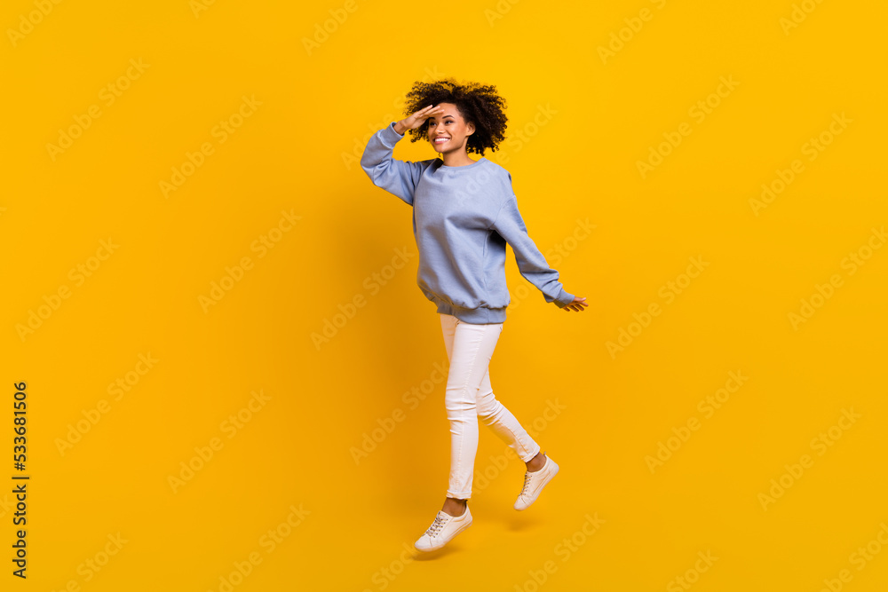 Full length profile portrait of active pretty girl jumping hand touch ...