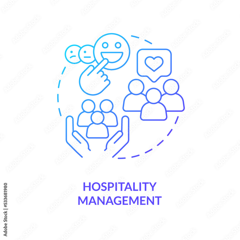 Hospitality management blue gradient concept icon. Hotel training program abstract idea thin line illustration. Happy visitors. Administrative task. Isolated outline drawing. Myriad Pro-Bold font used