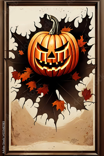 halloween pumpkin poster background in warm colors - abstract woodcut style