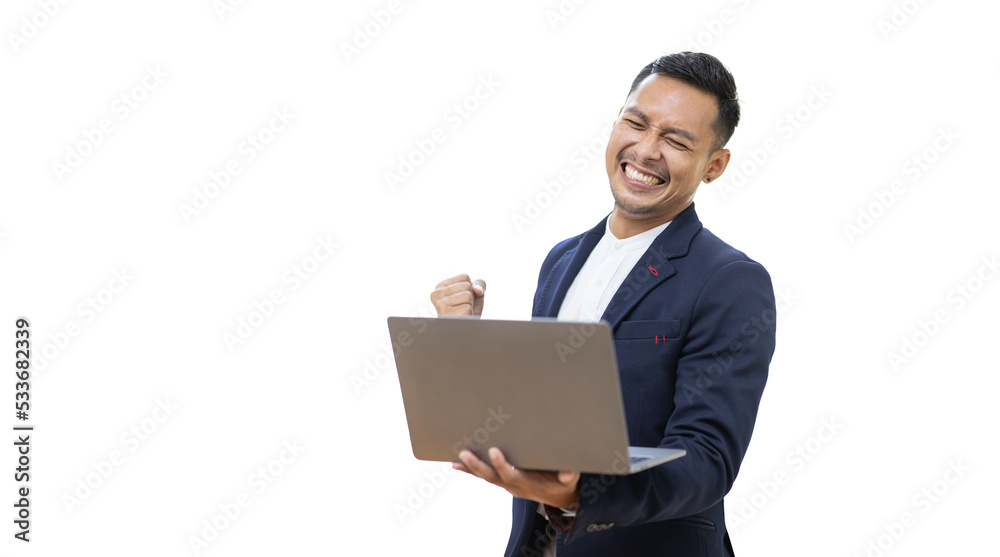 Excited happy Asian business man looking at the laptop screen, celebrating an online win, overjoyed young Asian male screaming with joy, isolated over a white color background
Excited happy Asian business man looking at the laptop screen, celebrating an online win, overjoyed young Asian male screaming with joy, isolated over a white color background