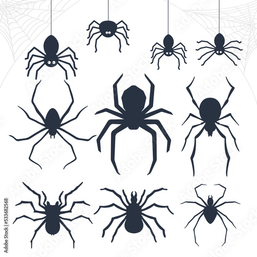 Set of silhouette of black spiders. Black spiders hanging on a web. Use for printing, posters, banner T-shirts, textile drawing, print pattern. Collection of spider patterns. Use in ?alloween holiday
