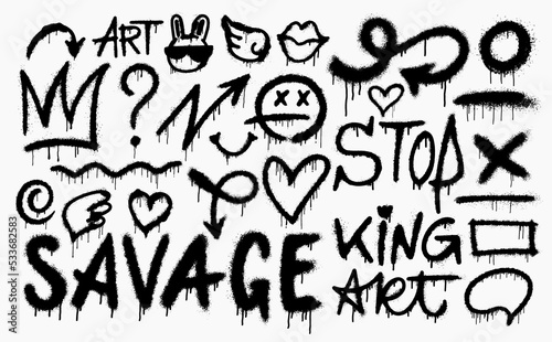 Set of graffiti spray pattern. Vector symbols, heart, art, crown, thunder, devil, arrow with spray texture. Elements black design on white background for banner, poster, decoration, street art and ads