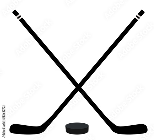 Hockey puck and sticks. Play equipment, flat vector illustration isolated on white background.