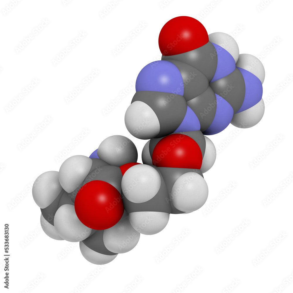 Valaciclovir (valacyclovir) herpes infection drug, chemical structure. Valaciclovir (valacyclovir) herpes infection drug, chemical structure.