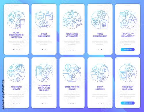 Hospitality industry trends blue gradient onboarding mobile app screen set. Walkthrough 5 steps graphic instructions with linear concepts. UI, UX, GUI template. Myriad Pro-Bold, Regular fonts used