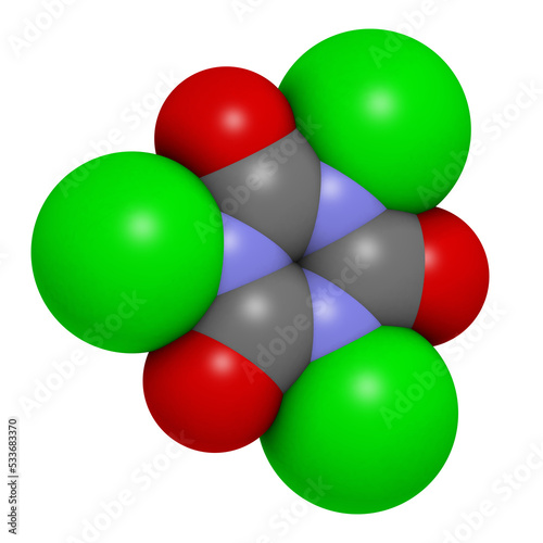 Trichloroisocyanuric acid (TCCA) molecule. Used as swimming pool disinfectant, in civil sanitation, as bleaching agent, etc. photo