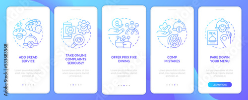 Improve restaurant guest satisfaction blue gradient onboarding mobile app screen. Walkthrough 5 steps graphic instructions with linear concepts. UX, GUI template. Myriad Pro-Bold, Regular fonts used