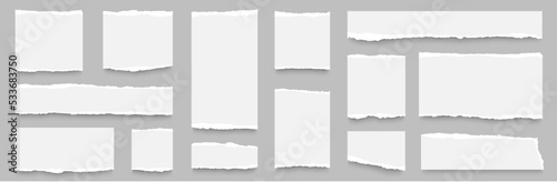 Realistic torn paper edges collection. Torn sheets of paper. Ripped squared horizontal white paper strips. Long horizontal set of torn pieces of paper. A set of torn paper and strips of paper 