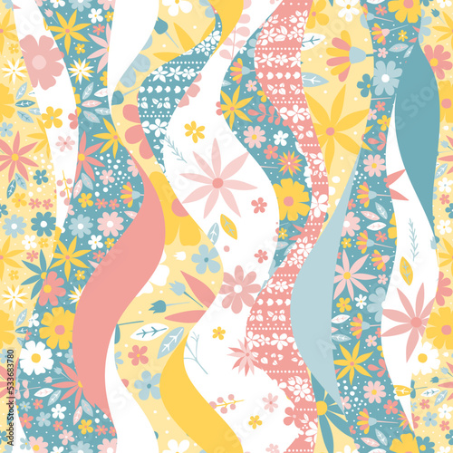 Seamless patchwork pattern of wavy patches with a delicate floral ornament. Vector illustration, print for fabric.