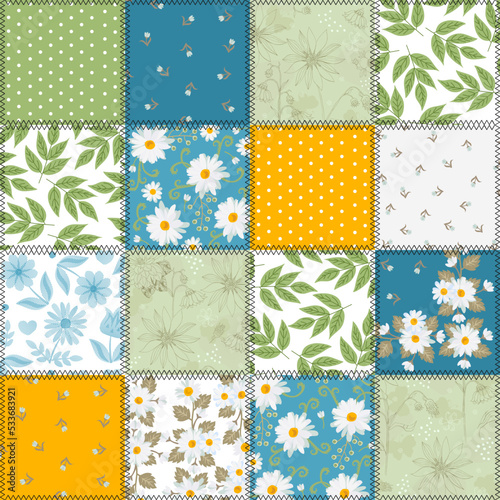 Seamless natural patchwork pattern of square patches with green leaves, daisies and polka dot ornament. Fashionable summer print for fabric.