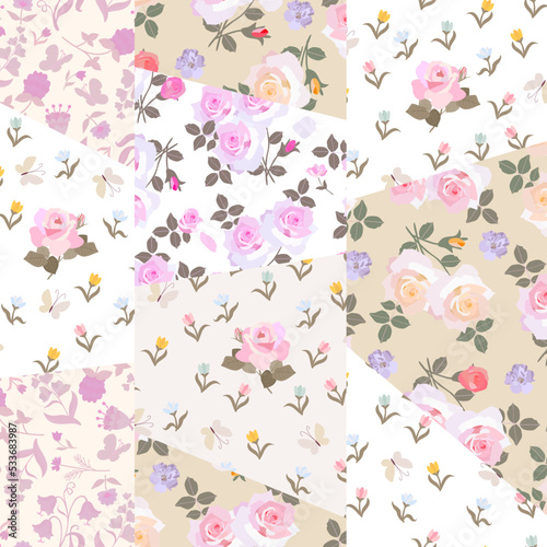 Beautiful seamless patchwork pattern with floral ornaments. Textile print.