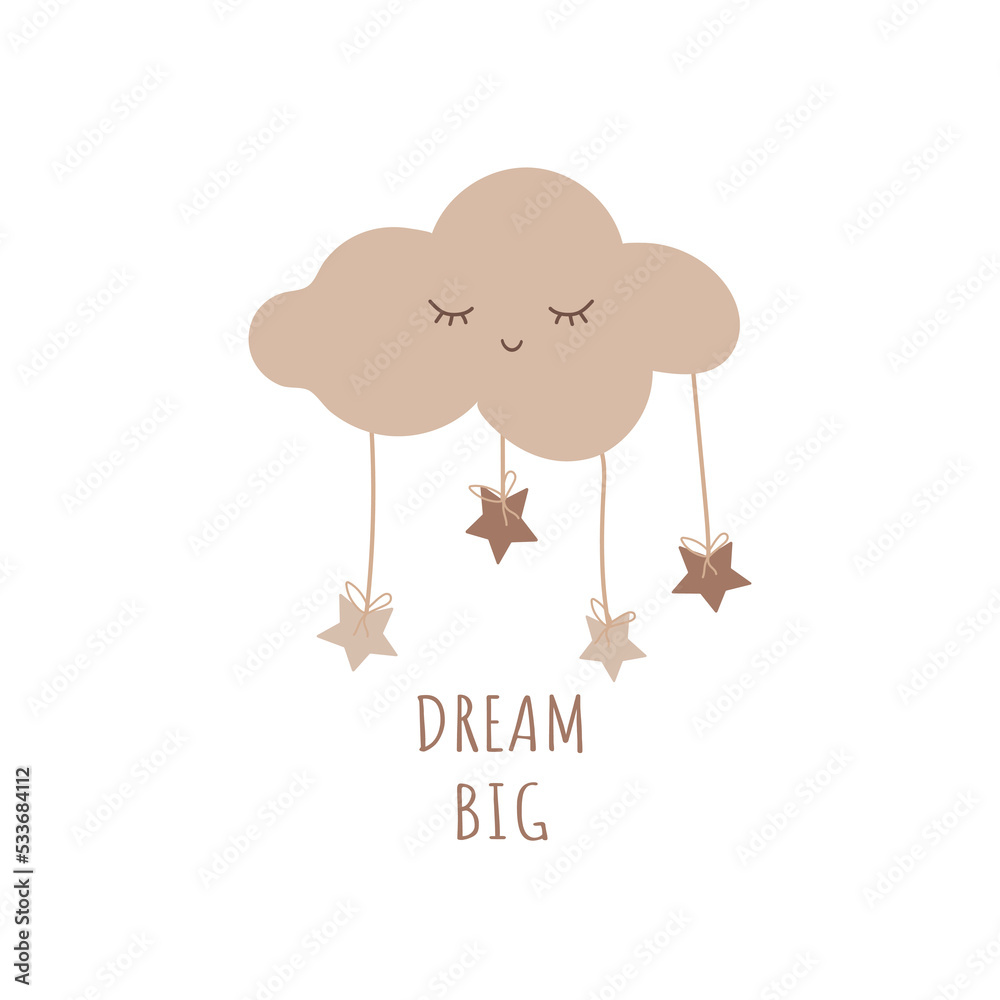 Baby room poster with text Dream big cute hand drawn sleeping cloud in beige colours. For cards, baby shower, banner, fabric, Baby vector illustration. Baby room poster with text Dream big cute hand drawn sleeping cloud in beige colours. For cards, baby shower, banner, fabric, Baby vector illustration.