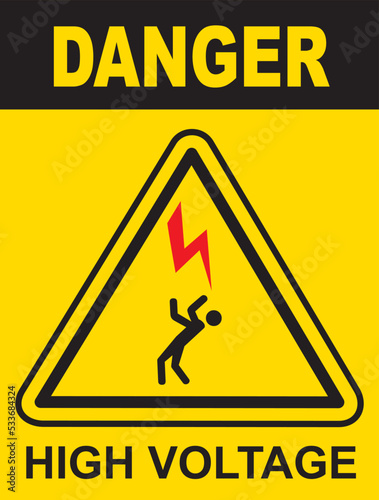 High voltage icon, danger vector symbol isolated on yellow  background