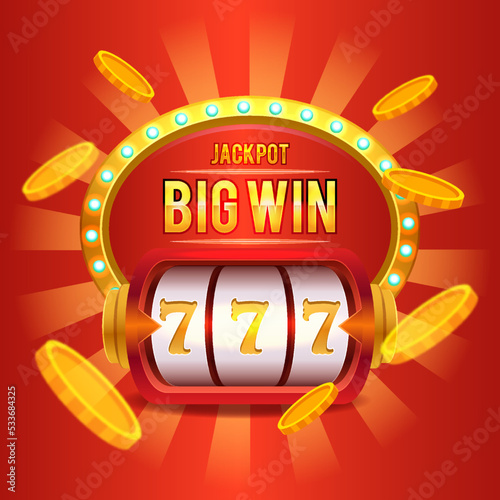 Big win slot machine with flying golden crypto coins. casino jackpot concept in realistic style