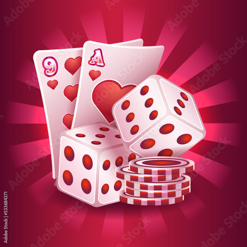 Poker card with dice and casino chips. Playing ace card casino 