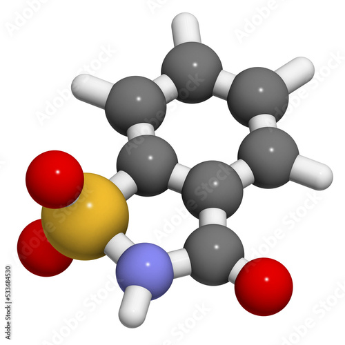 Fotografija Saccharin artificial sweetener molecule. 3D rendering.