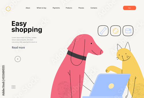 Easy shopping -Online shopping and electronic commerce web template -modern flat vector concept illustration of pets doing order online on laptop. Promotion, discounts, sale and online orders concept