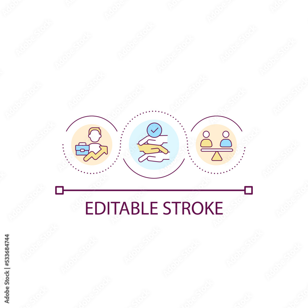 Work diversity loop concept icon. Equity and inclusion team. Diverse workplace. Employment equality abstract idea thin line illustration. Isolated outline drawing. Editable stroke. Arial font used