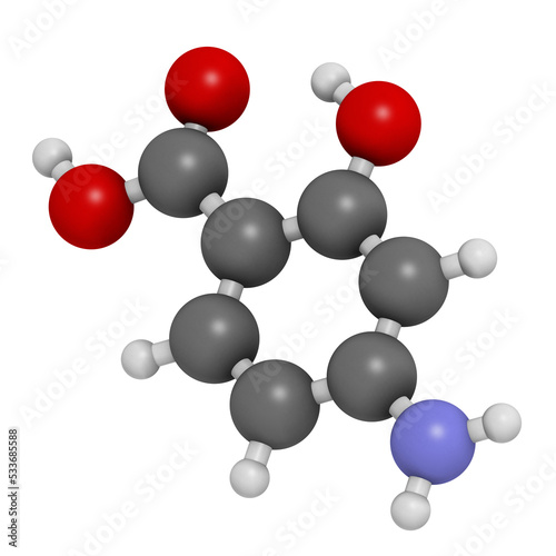 Para-aminosalicylic acid drug molecule. Used in treatment of tuberculosis and inflammatory bowel disease  ulcerative colitis  Crohn s disease .