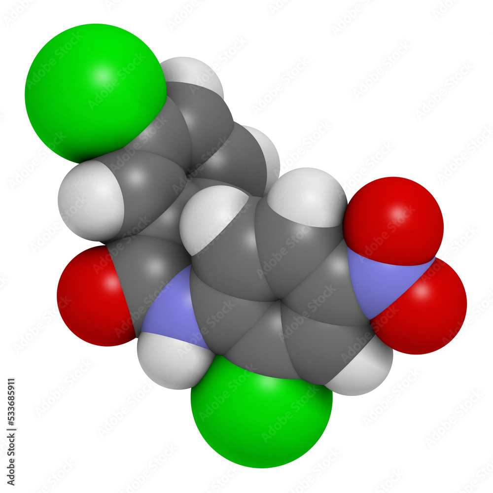 Niclosamide tapeworm drug molecule (anthelmintic). May be useful as antidiabetic drug, acting as a mitochondrial uncoupler. 3D rendering.