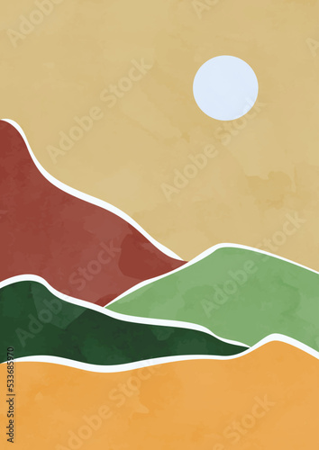 Modern abstract minimalist landscape posters. Hills, fields and sun. Pastel colors, earth tones. Boho mid-century prints. Abstract contemporary aesthetic backgrounds landscape.Flat design.  