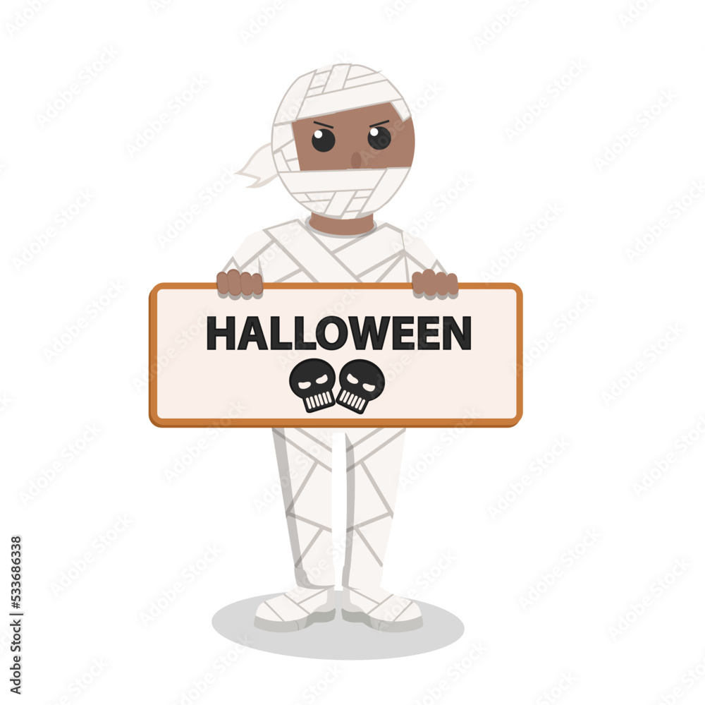 Man african With Mummy Costume holding sign halloween design character on white background Man african With Mummy Costume holding sign halloween design character on white background