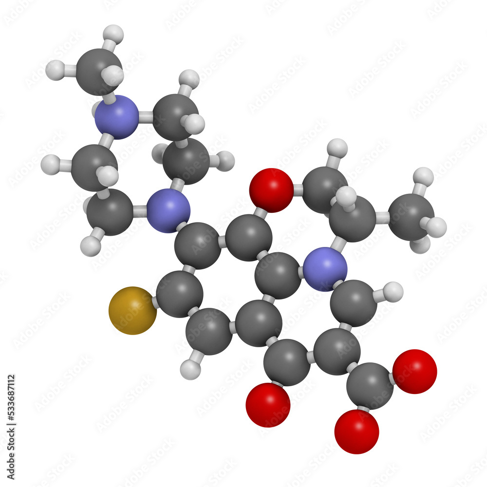 Levofloxacin antibiotic drug (fluoroquinolone class), chemical structure.