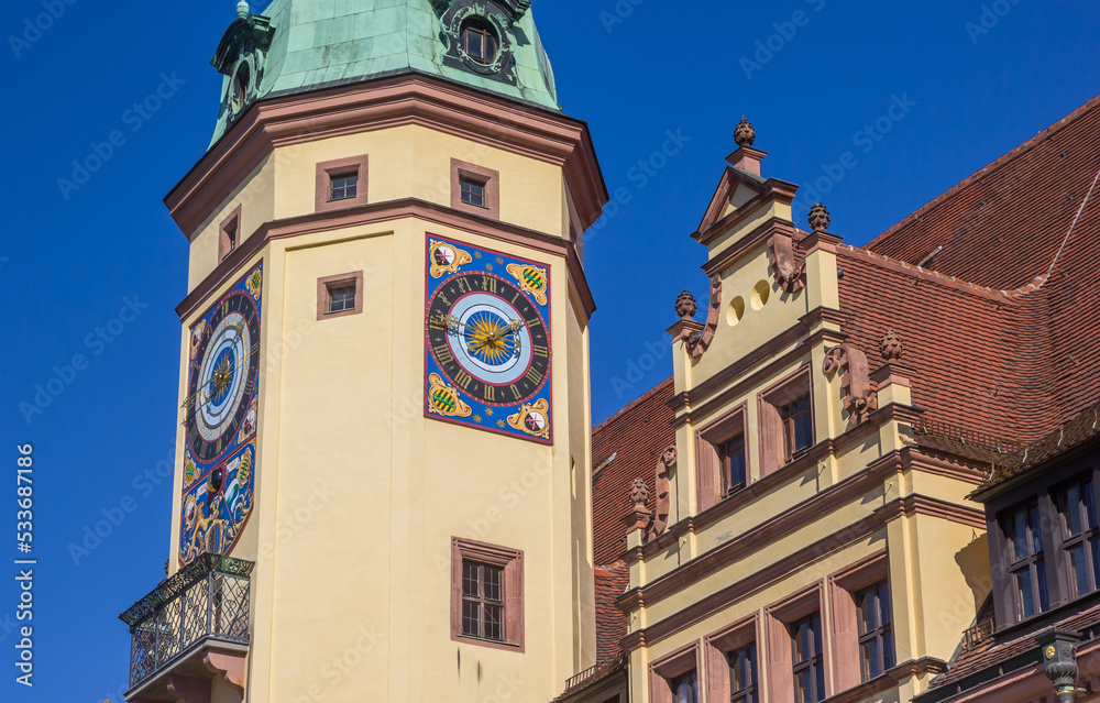 Tower and facade of the historic Old Town Hall building in Leipzig, Germany