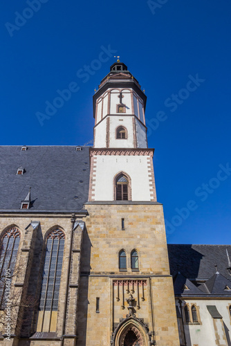 Tower of the historic Thomaskirche church in Leipzig, Germany
