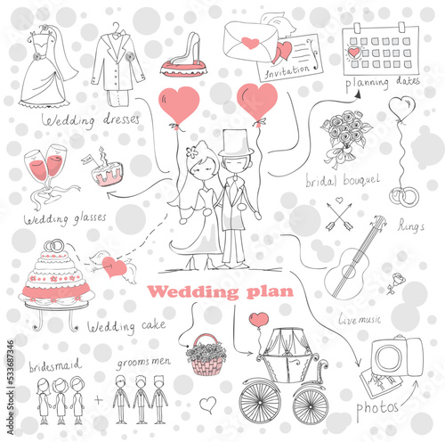 Doodle wedding set for invitation cards, including template design decorative elements