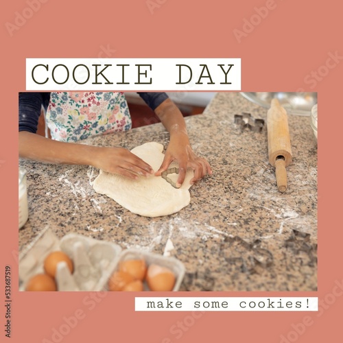 Composition of cookie day make some cookies text over african american girl baking cookies