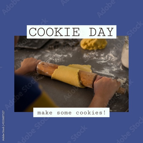 Composition of cookie day make some cookies text over caucasian woman baking cookies