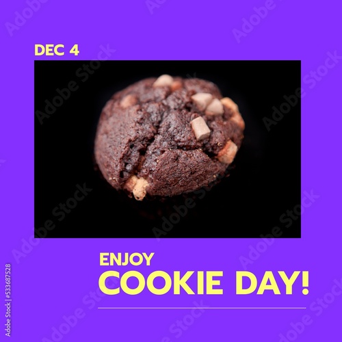 Composition of enjoy cookie day text over cookie on purple background