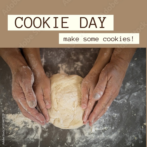 Composition of cookie day make some cookies text over mother and daughter baking cookies