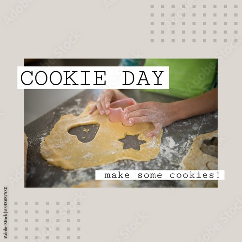 Composition of cookie day make some cookies text over caucasian girl baking cookies