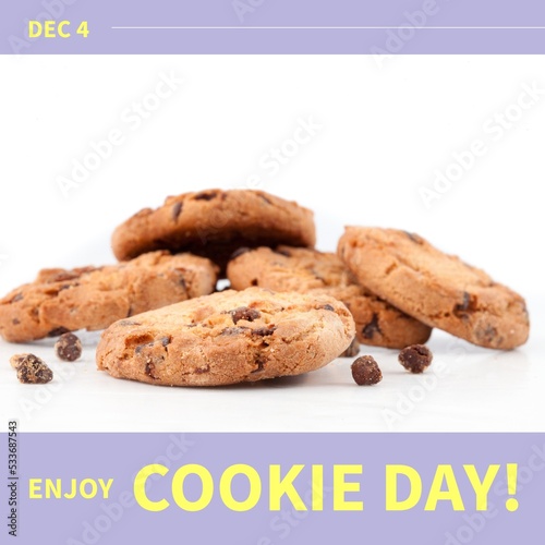 Composition of enjoy cookie day text over cookies on white background