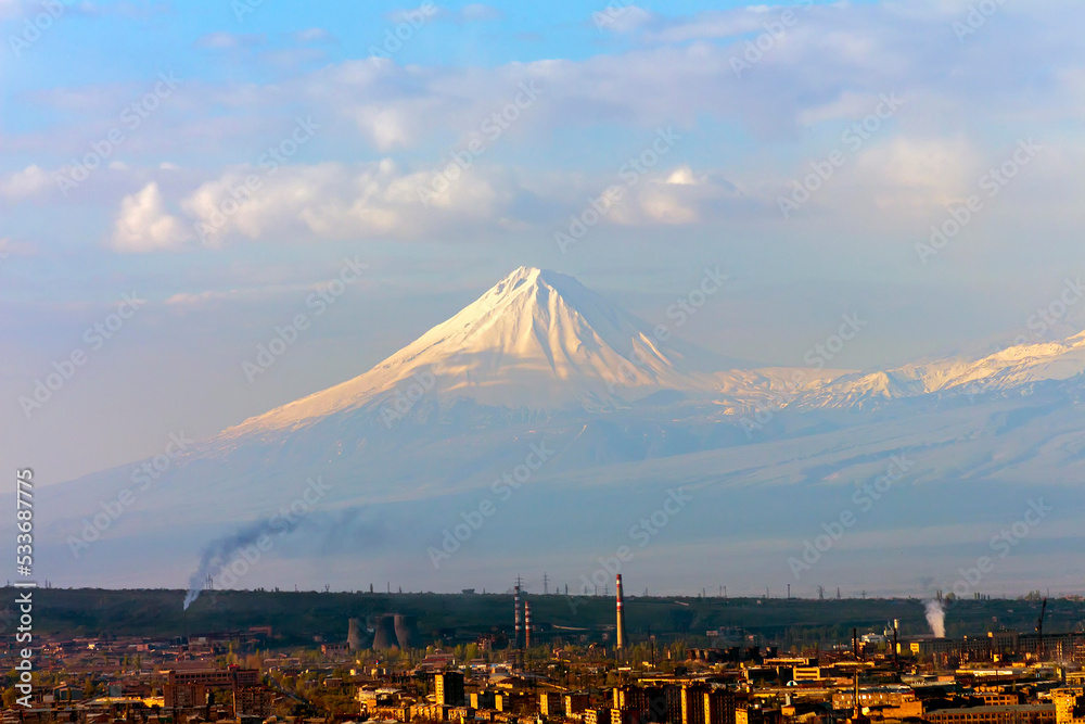 Small Ararat - a view from the side of ancient Yerevan. One of the cones of the Ararat volcanic massif. Altitude 3927 m above sea level.
