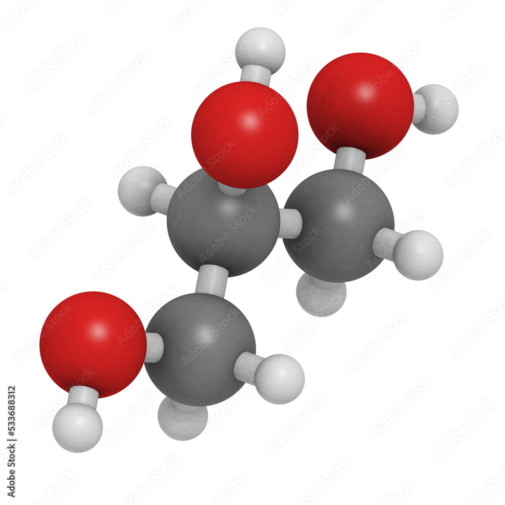 Glycerol (glycerine) molecule, chemical structure. Glycerol (glycerine) molecule, chemical structure.