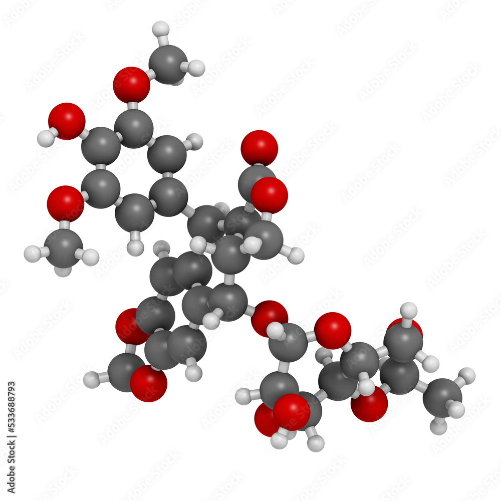 Etoposide cancer chemotherapy drug, chemical structure. Etoposide cancer chemotherapy drug, chemical structure.
