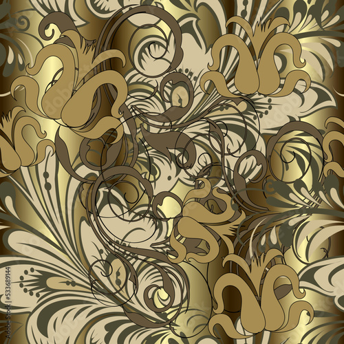 Luxury gold floral seamless pattern. Beautiful flowers. Golden shiny background. Repeat ornamental vector backdrop. Lines ornate leaves, branches. Vintage gold flowers ornaments. Artistic design