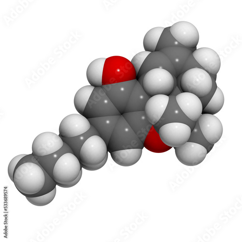 THC (delta-9-tetrahydrocannabinol, dronabinol) cannabis drug molecule. photo