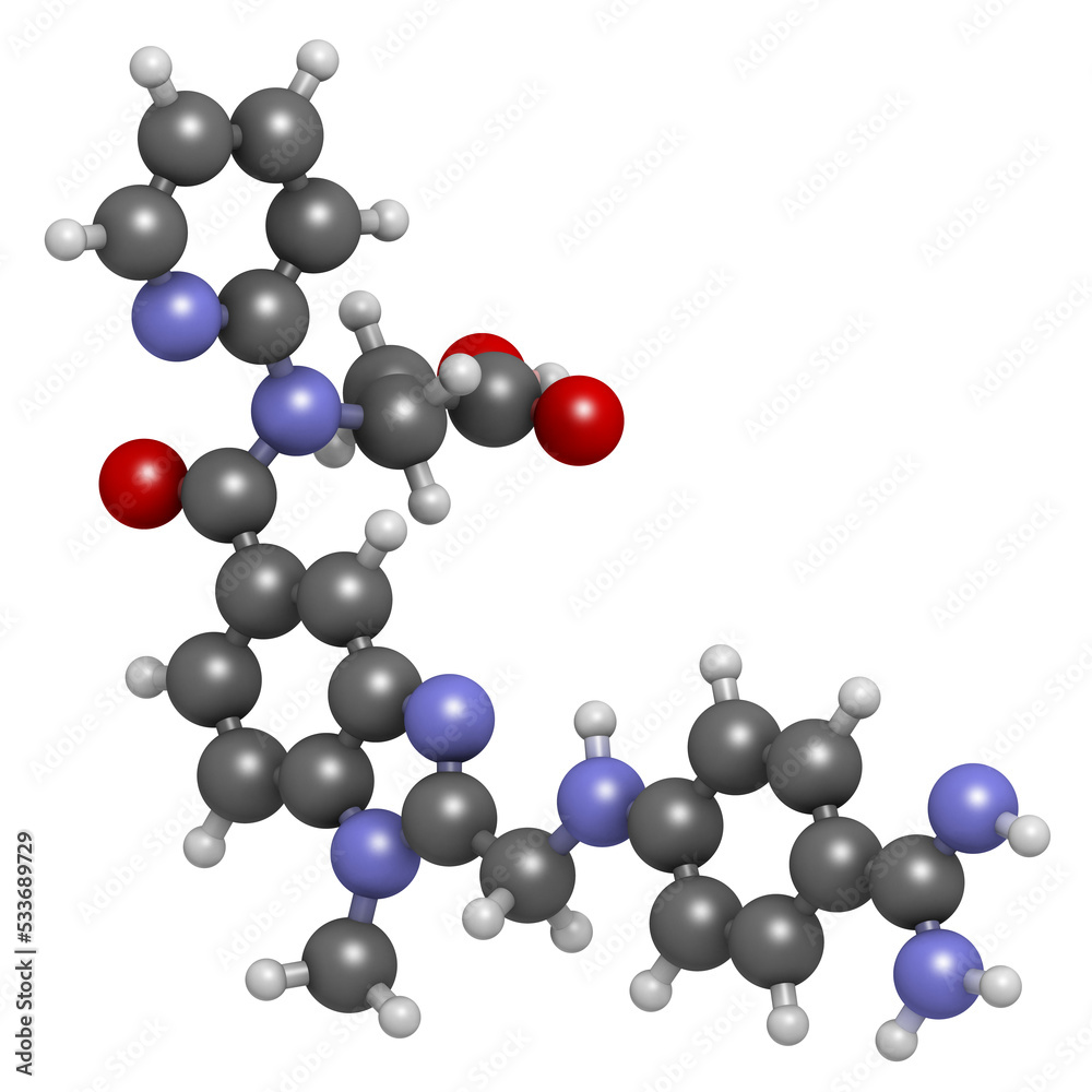 Dabigatran anticoagulant drug, chemical structure. Dabigatran anticoagulant drug, chemical structure.