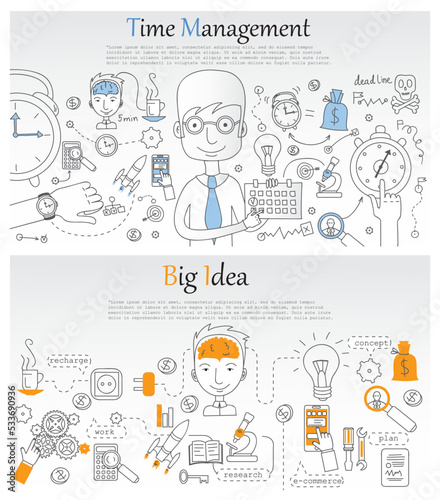 Doodle style concept of effective businessman who plans and organizes working time, deals deadlines, achieves goals. Modern line style illustration for web banners, hero images,