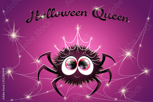 Cute cartoon fluffy little spider queen in shiny web crown, sitting on spiderweb with stars