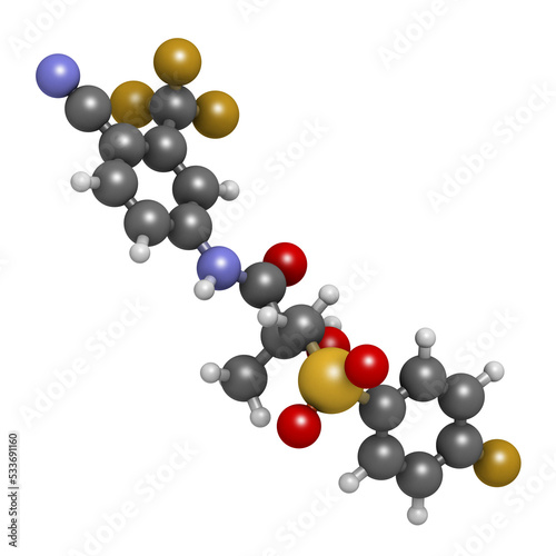 Bicalutamide prostate cancer drug (anti-androgen), chemical structure. photo