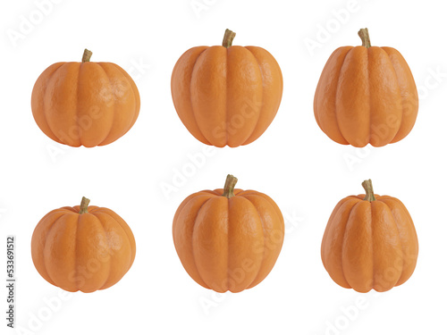 Collection of Halloween seasonal pumpkins decoration isolated on a transparent background. 3D render