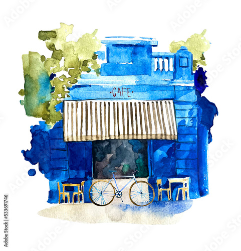 Hand-drawn watercolor illustration of urban street cafe in old city, outside view. Cozy coffee shop with veranda and bicycle outdoor. Take away, calm, date, morning, relax.